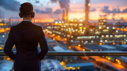 Businessman Observing Industrial Area at Dusk in the Style of Interactive Experiences - 776084689