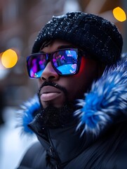 Urban Winter Style Black Man in Vibrant Neon-Lit City - 776084801