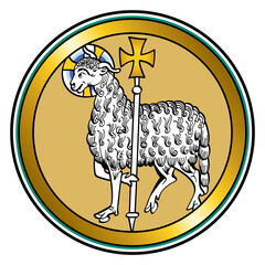 Agnus Dei, the Lamb of God, a medieval visual representation of Jesus as a lamb, carrying a halo and holding a standard with a cross, symbolizing the victory, as described in the Book of Revelation. - 776084825