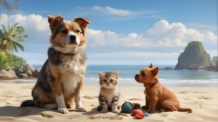 Dog and cat on the beach