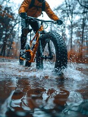 Man Riding Fat Bike in Muddy Water Adventure - 776084833
