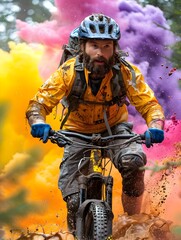Fototapeta premium Bearded Man Riding Bike in Colorful Powder Explosion