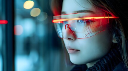 Woman in LED Eyeglasses Illuminated by City Lights - 776084883