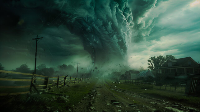 A dark huge approaching tornado that causes massive destruction