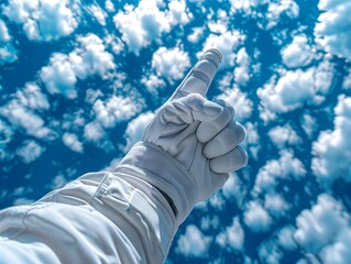 Astronauts Hand Pointing towards the Cloud-filled Sky - 776085019
