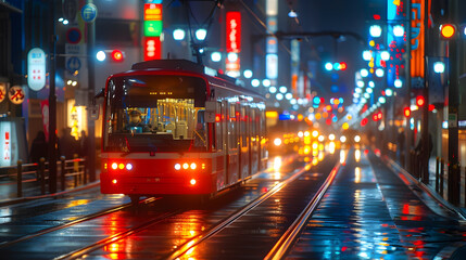 Japanese-inspired Street with Tram and Fluorescent Signs at Night