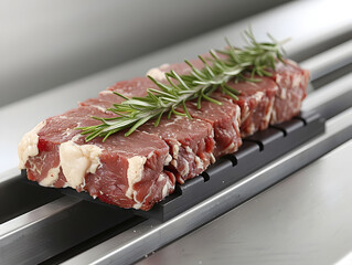 Precision Cut Steak with Rosemary on Conveyor Belt - 776085085