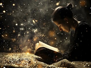 Girl Reading Book in Dreamlike Vision with Sparkles and Golden Light - 776085219