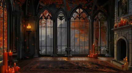 interior of an empty room with candles and fireplace with big gothic style windows and autumn trees visible through the windows. 