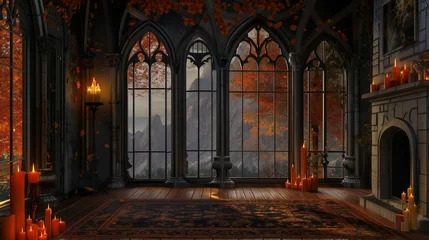Fotobehang interior of an empty room with candles and fireplace with big gothic style windows and autumn trees visible through the windows.  © Ilona