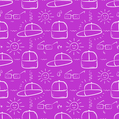 Summer violet white modern youth hand drawn pattern, with cap, sun with kawaii smile, sunglasses with emotions, various abstract elements, drops. Textiles, packaging, web wallpaper textures	