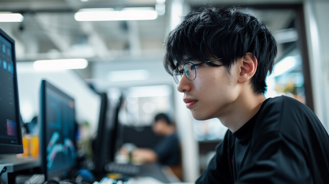 asian computer programmer focused on the monitor in an office environment	
