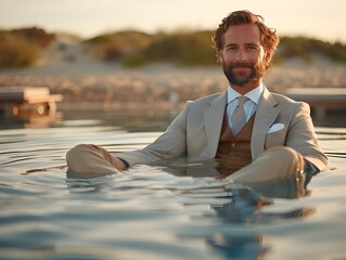 Elegant Businessman in Tan Suit Relaxing in the Pool - 776085412