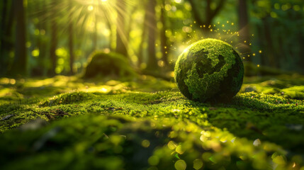 A globe with continents, inscribed in the landscape of a green forest and shrouded in warm sunlight, reminds us of the need to take care of the environment on Earth Day. - obrazy, fototapety, plakaty