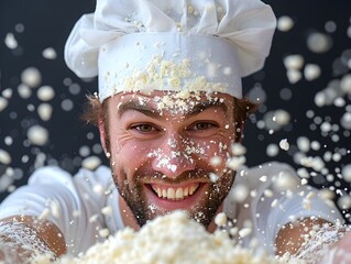 Chef Emotionally Charged Portrait of Cooking with Flour and Macarons - 776085453