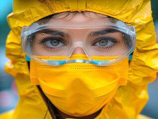 Woman in Yellow Protective Gear and Goggles for Industrial Research - 776085462