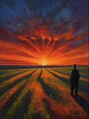 a portrait painting of sunset with men silhouette
