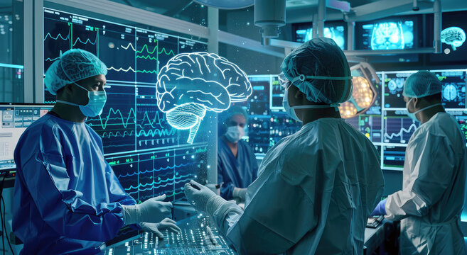 A group of doctors in an operating room with holographic brain waves and medical equipment, representing advanced medicine technology for healthcare services