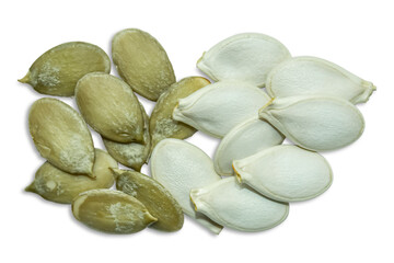 Pumpkin seeds on a white background.