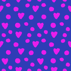 Colorful Abstract Seamless Pattern. Pink neon heart and circle geometry elements on blue background. Hand drawn doodle print, wallpaper, ornament, print. Vector file