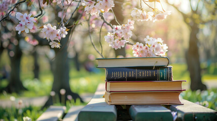 Background for Book Day. Pile of Books under Cherry Blossom Tree