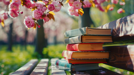 Background for Book Day. Pile of Books under Cherry Blossom Tree - obrazy, fototapety, plakaty