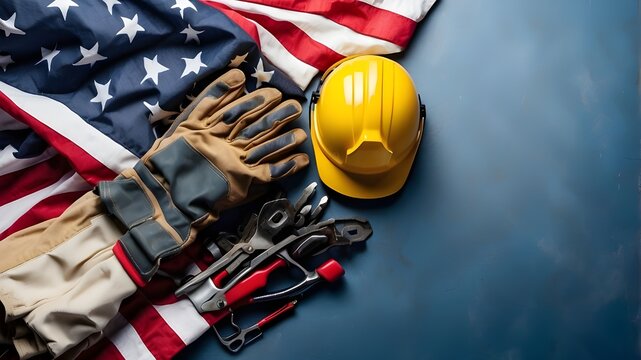Tools for the handyman on Labor Day. Top image of the USA flag, safety helmet, work gloves, and blue background with room for handyman services, A plain background for the celebration of Labor Day
