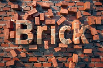 the word Brick with exploding effect, against brick wall background