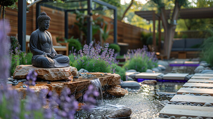 Buddha statue in a garden with a pond
