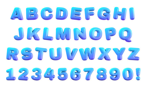 Set of inflatable shiny balloons 3d alphabet letters and numbers blue isolated