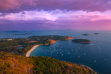 Aerial view Sunset landscape Nai Harn beach and marina with white yachts, Rawai resort with...
