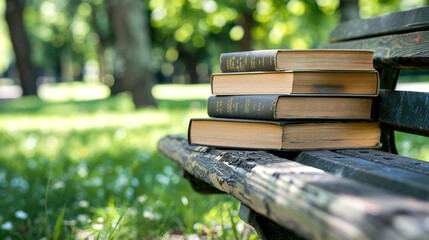 Book Day Background. Pile of Books in Park's Bench