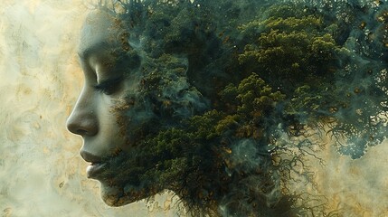 Fototapeta premium Surreal abstract portrait of a woman with flowing, cloud-like hair merging into mist, evoking mystery, emotion, and ethereal beauty. Generated AI.