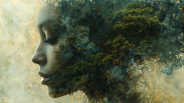 Surreal abstract portrait of a woman with flowing, cloud-like hair merging into mist, evoking mystery, emotion, and ethereal beauty. Generated AI.