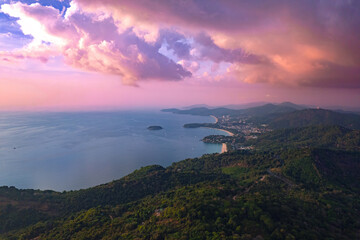 Fototapeta premium Amazing aerial view sunset above Nai Harn beach. Viewpoint Rawai of Phuket, Thailand travel