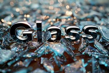 The word Glass in bold letters amidst a dramatic scene of scattered, shattered glass pieces