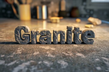 the word 'Granite' designed with realistic stone texture on a kitchen countertop