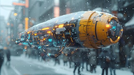 Cyberpunk Airship in Snowy Futuristic Cityscape