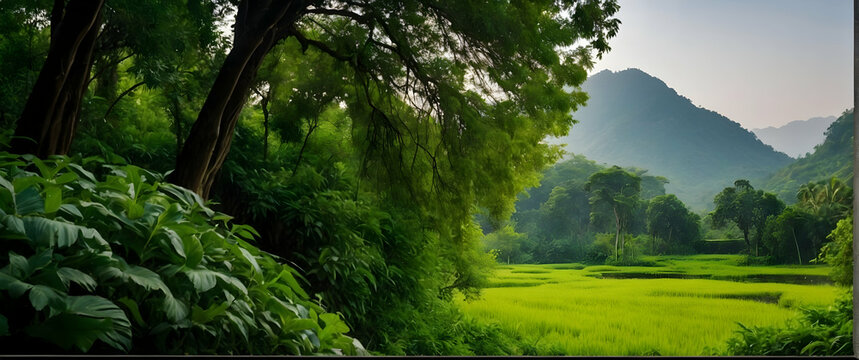 for advertisement and banner as Verdant Vistas Showcasing the lush greenery of untouched landscapes. in Fresh Landscape theme ,Full depth of field, high quality ,include copy space on left, No noise, 