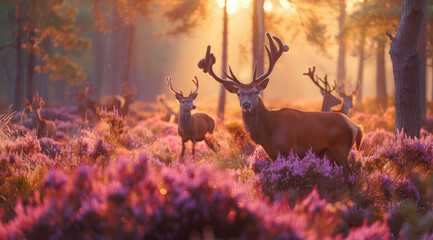 A herd of red deer stags in the heather at sunset, in France's Forest. The photo captures their majestic presence amidst the vibrant purple and pink hues of autumnal flowers