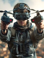 Man Holding Virtual Reality Combat Aircraft in Post-Apocalyptic Style