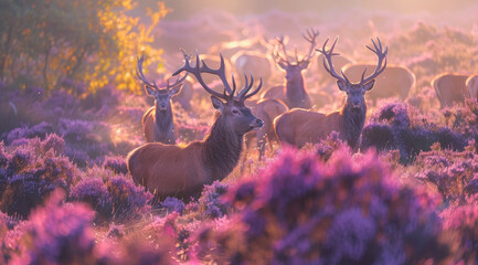 A herd of red deer stags in the heather at sunset, in France's Forest. The photo captures their majestic presence amidst the vibrant purple and pink hues of autumnal flowers - obrazy, fototapety, plakaty