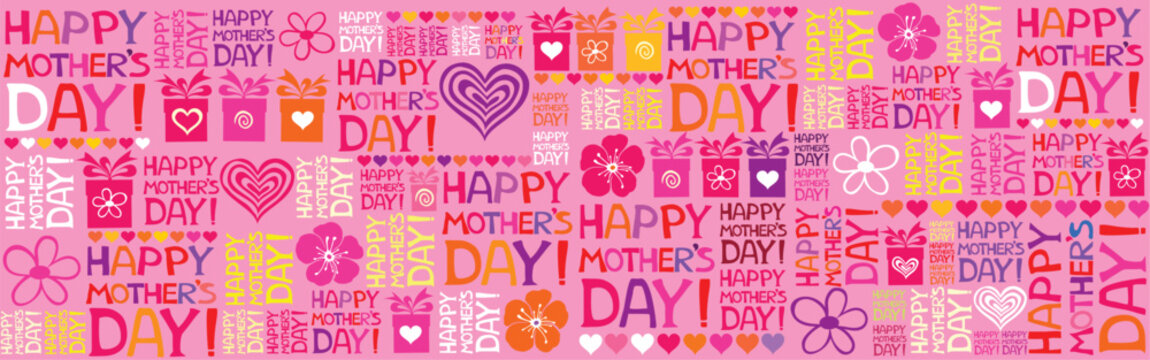 Happy Mothers Day. Lettering design. I love you mum.  Horizontal pink card format for web banner or header. Vector illustration