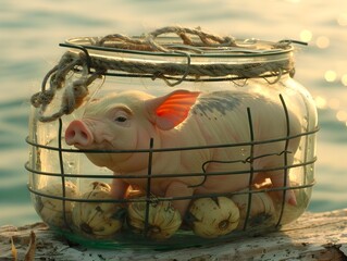 Pig in a Jar with Eggs in the Style of Surreal Seascapes