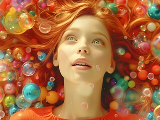 Hyper-Realistic Young Girl Surrounded by Colorful Bubbles