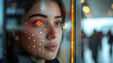 close-up of woman face being scanned, eye ID control digital biometric key