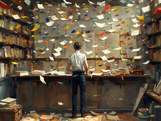 Man Studying in a Colorful Library Concept Art in Mixed Media