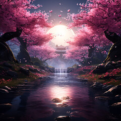 An epic royal background of cherry blossoms in full bloom and river animation style illustrations. Generative AI