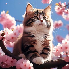 a cute cat looking at cherry blossoms. Generative AI