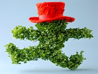 Green Plant in a Red Hat A Playful and Quirky Sculptural Costume on a Blue Background